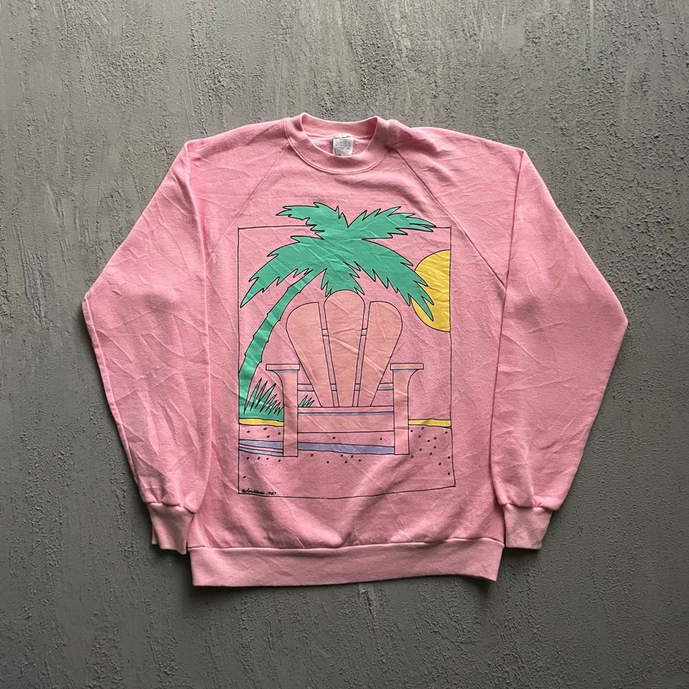 Vintage Beach Palm Tree Graphic Sweatshirt Men XL Pink 1980s Russell Athletic